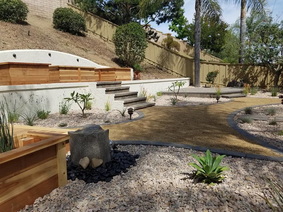 Design ideas for a large traditional back xeriscape fully shaded garden for summer in San Diego with a garden path and gravel.