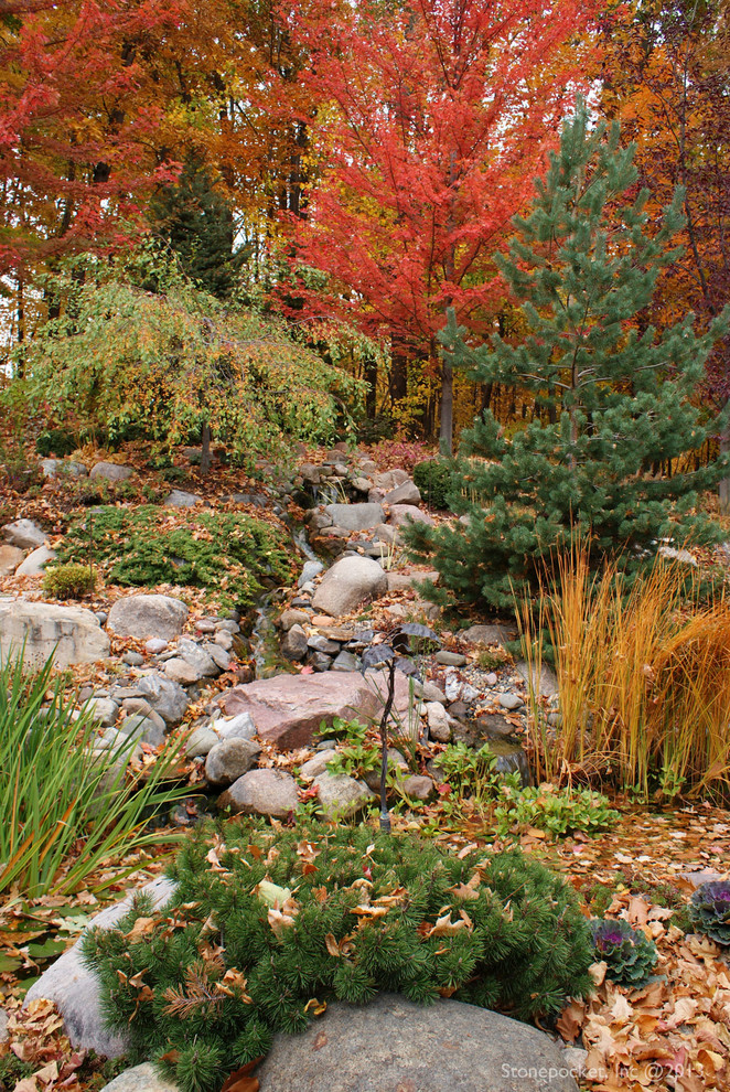 Imagen de jardín tradicional grande en otoño en patio trasero con estanque y exposición parcial al sol