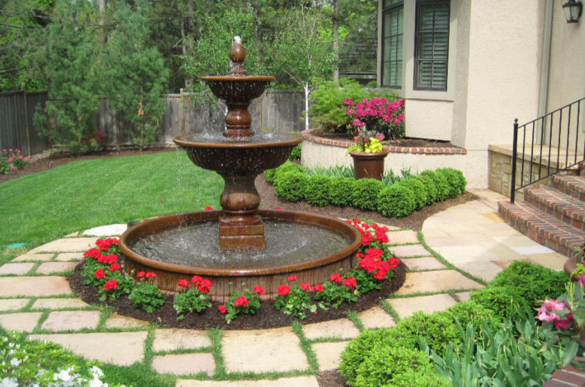 Backyard Plantings with Custom Fountain - Traditional - Landscape