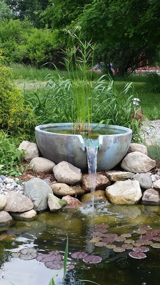 Idée de décoration pour un grand jardin arrière tradition l'été avec un bassin, une exposition ensoleillée et un paillis.