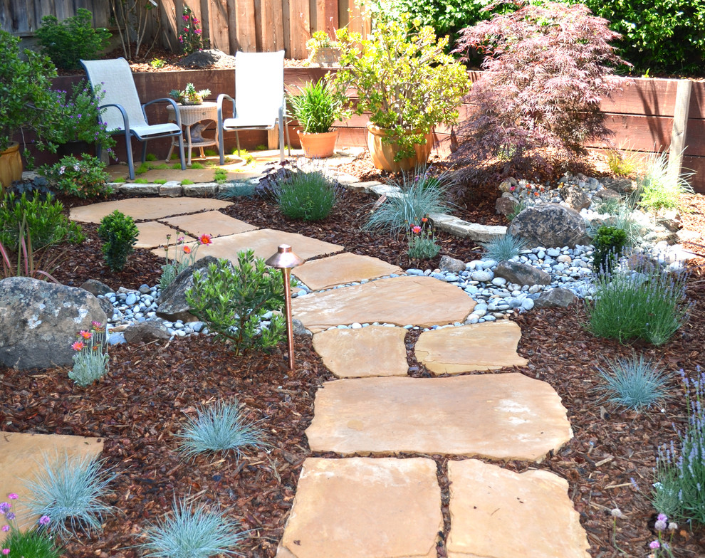 Пример оригинального дизайна: участок и сад среднего размера на заднем дворе в классическом стиле с садовой дорожкой или калиткой и покрытием из каменной брусчатки