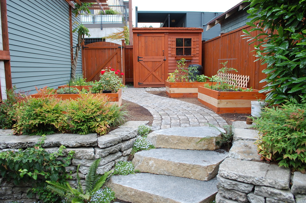 Diseño de jardín actual en patio lateral con huerto