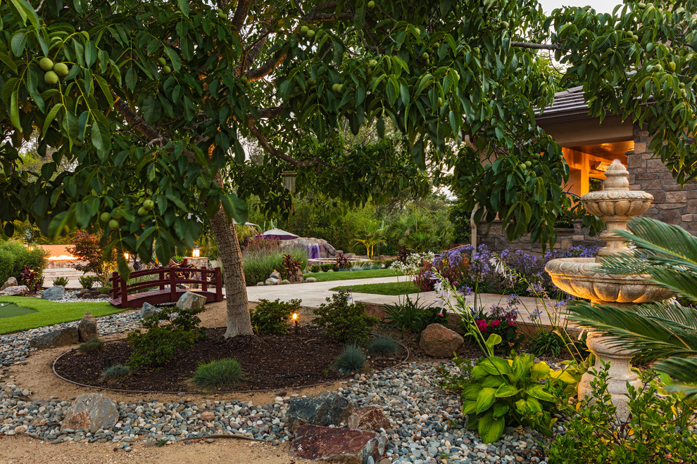 Immagine di un giardino tropicale esposto a mezz'ombra di medie dimensioni e dietro casa con un ingresso o sentiero