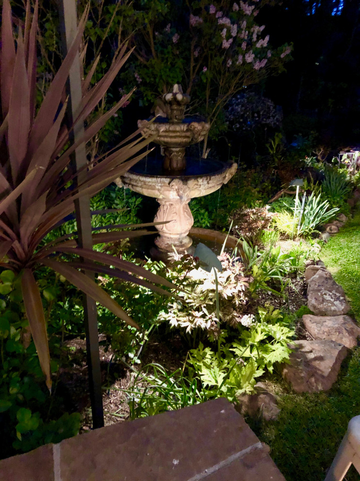 Immagine di un giardino xeriscape eclettico esposto a mezz'ombra di medie dimensioni e dietro casa con fontane e pavimentazioni in cemento