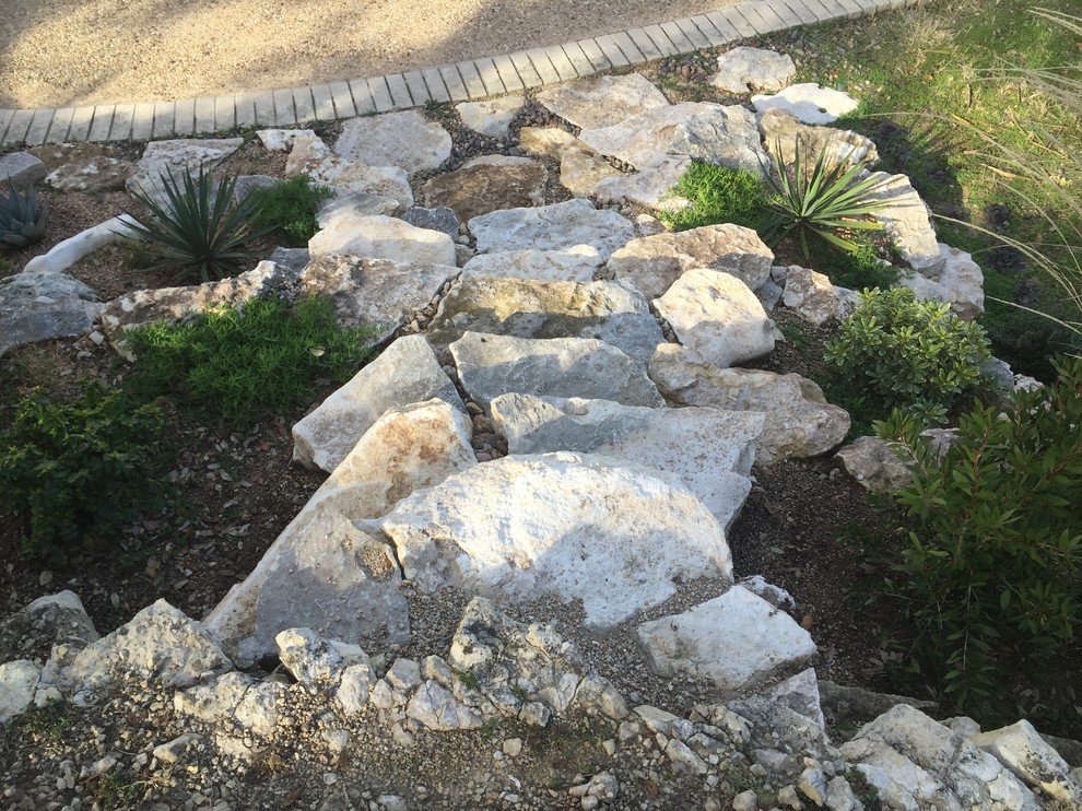 Réalisation d'un petit xéropaysage sud-ouest américain l'été avec une exposition partiellement ombragée, un mur de soutènement, une pente, une colline ou un talus et des pavés en pierre naturelle.