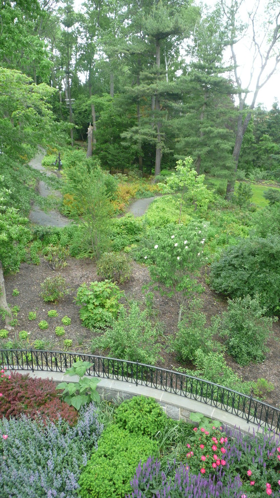 Foto di un ampio giardino formale tradizionale esposto a mezz'ombra dietro casa in estate con un ingresso o sentiero e pavimentazioni in mattoni