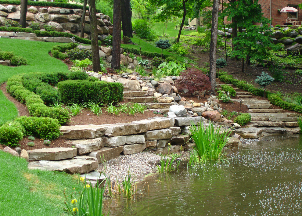 Пример оригинального дизайна: солнечный регулярный сад на заднем дворе в стиле модернизм с хорошей освещенностью и покрытием из каменной брусчатки