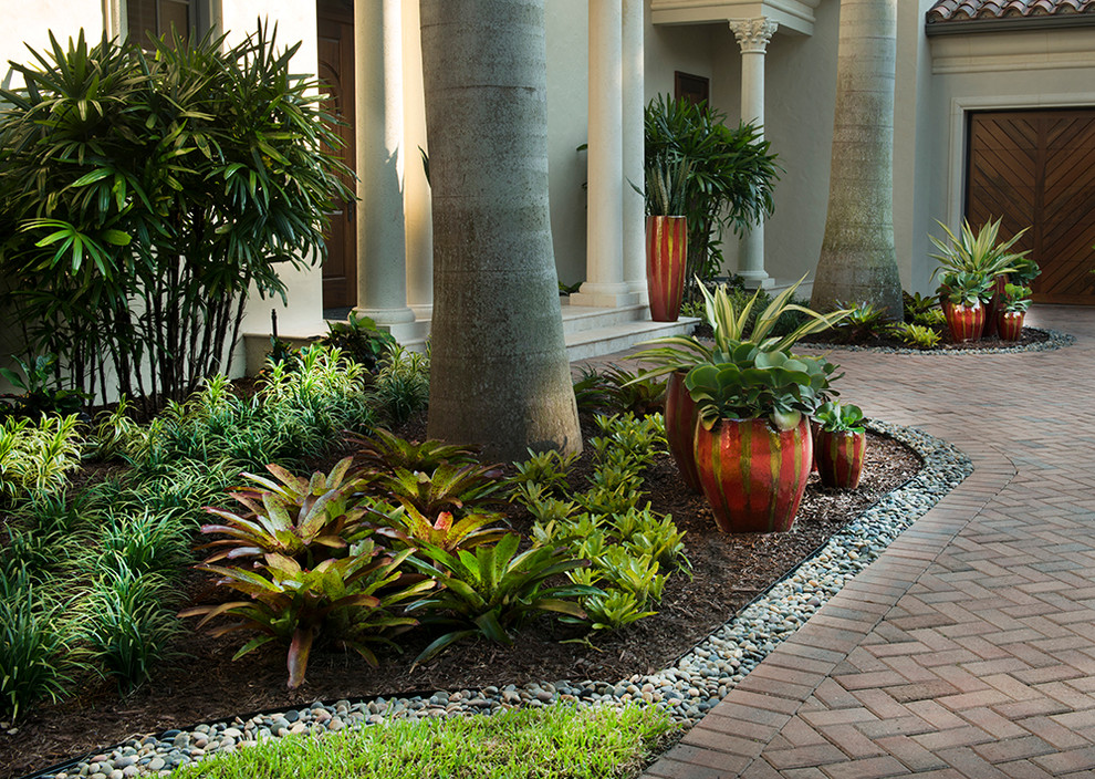 Esempio di un grande giardino tropicale esposto a mezz'ombra davanti casa con un giardino in vaso e pavimentazioni in mattoni