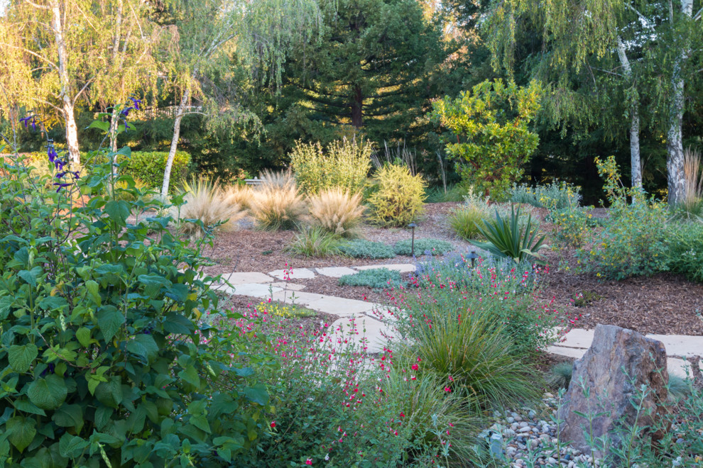 Halbschattiger Mediterraner Garten hinter dem Haus mit Wasserspiel und Natursteinplatten in San Francisco
