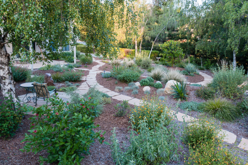 Photo of a mediterranean back xeriscape partial sun garden in San Francisco with a water feature and natural stone paving.