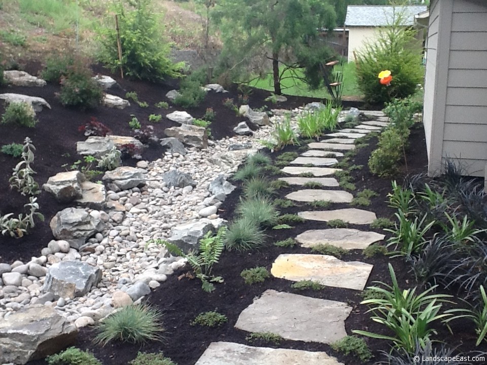 Photo of a mid-sized traditional full sun backyard concrete paver landscaping in Portland for summer.