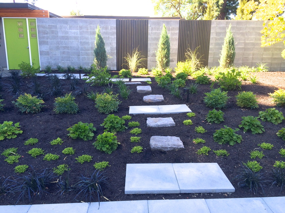 Idee per un piccolo giardino moderno esposto a mezz'ombra davanti casa in estate con un ingresso o sentiero e pavimentazioni in cemento