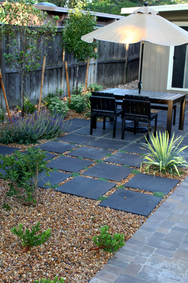 Идея дизайна: участок и сад среднего размера на заднем дворе в стиле модернизм с мощением тротуарной плиткой