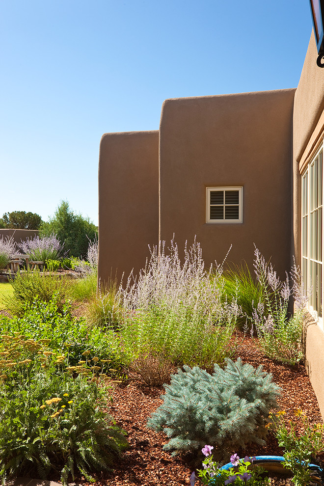 Cette photo montre un aménagement d'entrée ou allée de jardin arrière sud-ouest américain de taille moyenne et l'été avec une exposition ensoleillée et des pavés en brique.