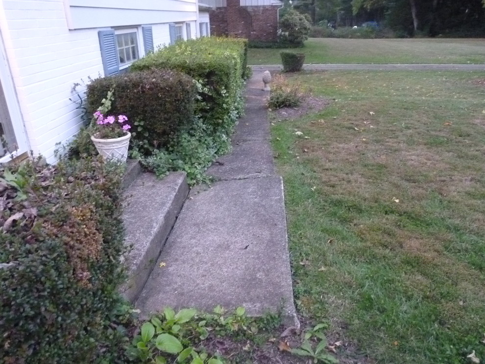 Immagine di un giardino classico esposto a mezz'ombra di medie dimensioni e davanti casa in estate con un ingresso o sentiero e pavimentazioni in cemento
