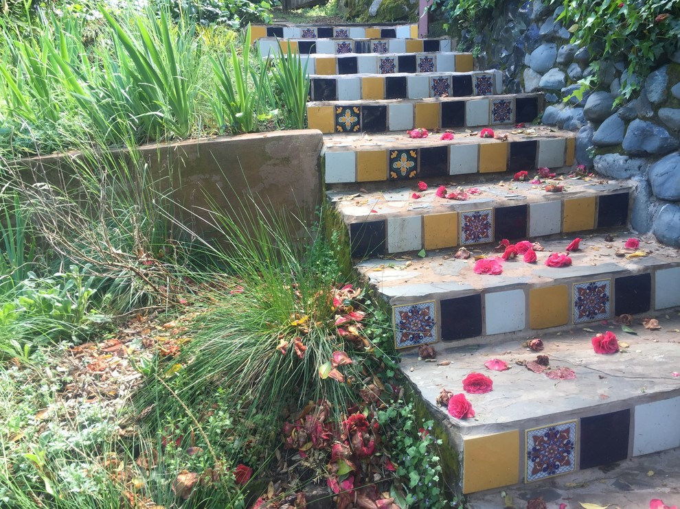 Bohemian sloped xeriscape garden in Other with a garden path.