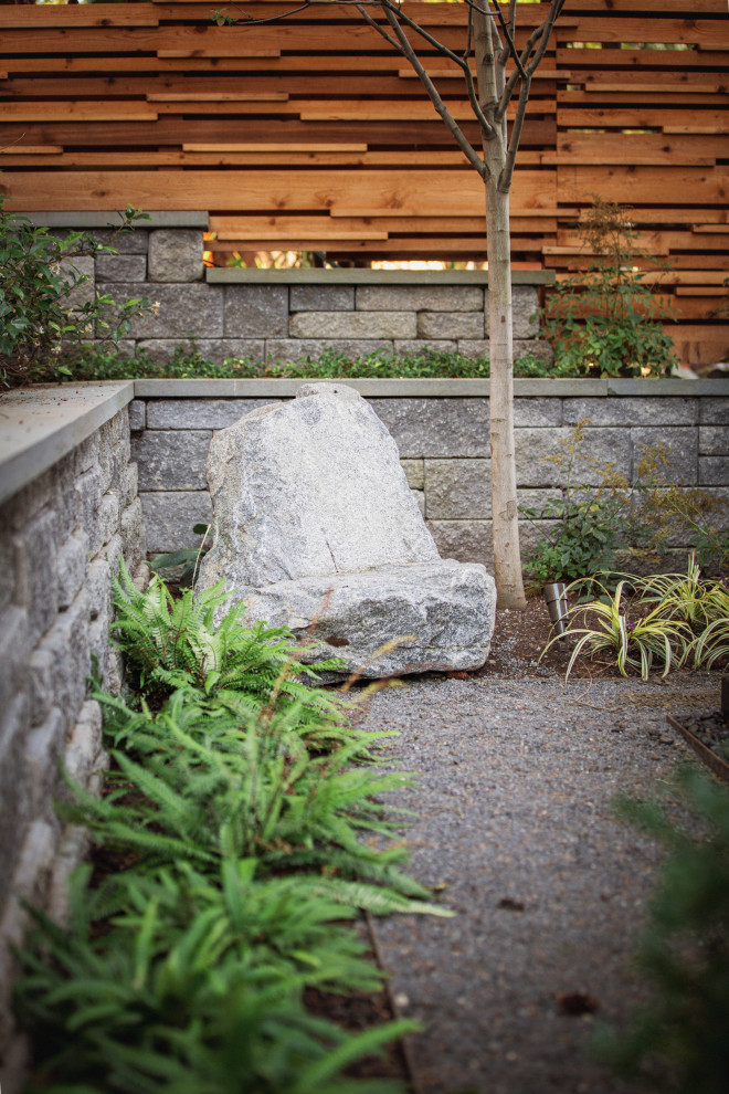 Ispirazione per un giardino formale moderno esposto in pieno sole di medie dimensioni e dietro casa con sassi e rocce e pavimentazioni in cemento