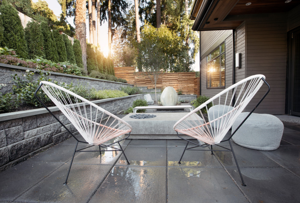 Foto de jardín minimalista de tamaño medio en patio trasero con jardín francés, roca decorativa, exposición total al sol y adoquines de hormigón