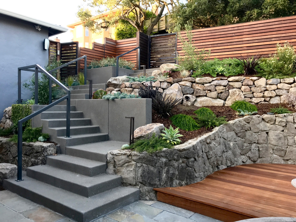 サンフランシスコにある高級な中くらいな、夏のコンテンポラリースタイルのおしゃれな前庭 (半日向、ゼリスケープ、デッキ材舗装、ウッドフェンス、階段) の写真