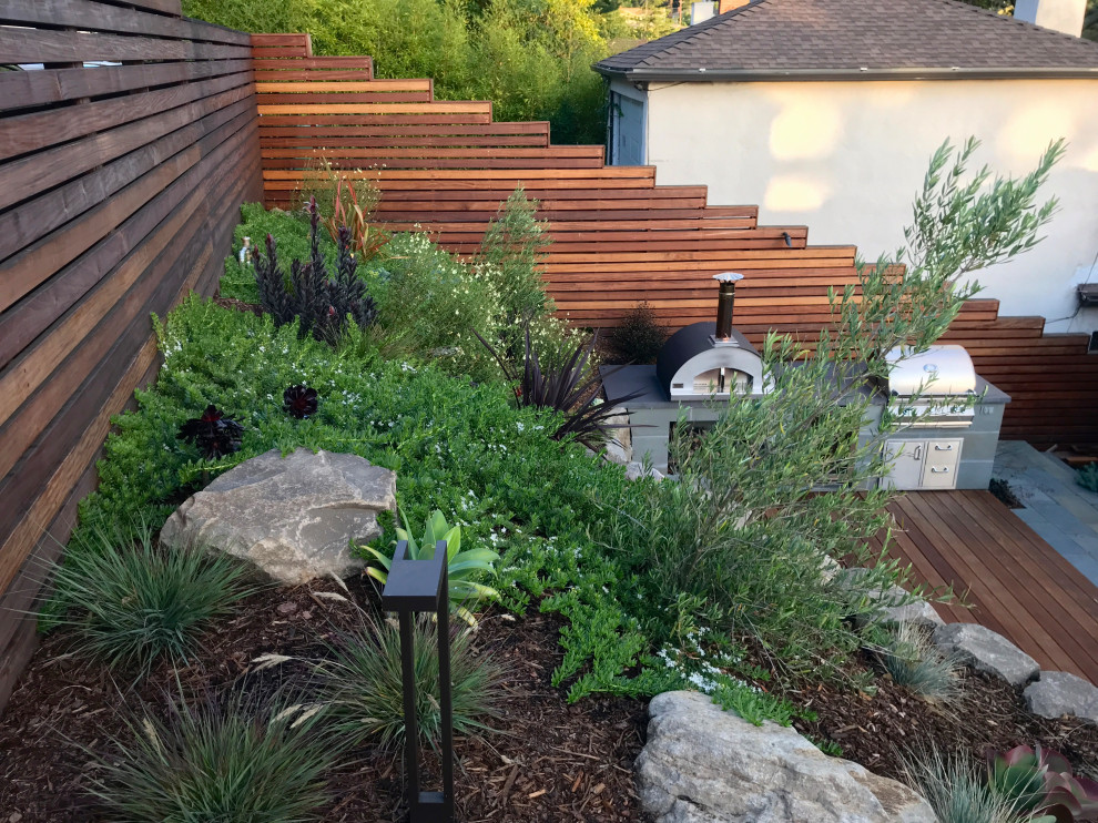 Große, Halbschattige Moderne Gartenmauer im Sommer, hinter dem Haus mit Dielen in San Francisco