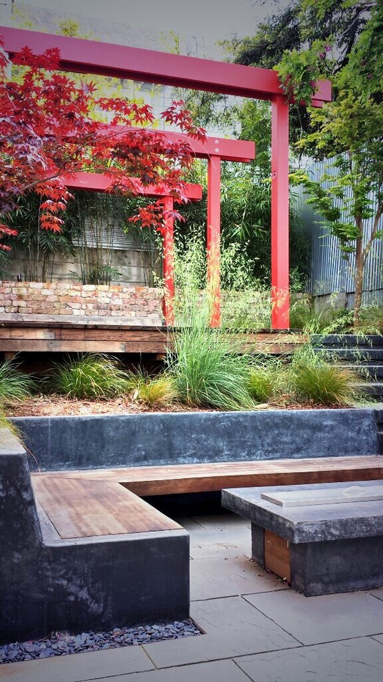 Kleiner, Halbschattiger Moderner Garten hinter dem Haus mit Sportplatz und Natursteinplatten in San Francisco
