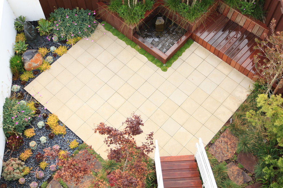 Design ideas for a large contemporary drought-tolerant and partial sun backyard water fountain landscape in San Francisco.