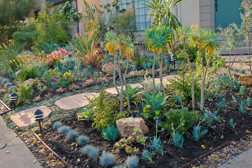 Idee per un giardino xeriscape eclettico esposto in pieno sole di medie dimensioni e davanti casa con pavimentazioni in pietra naturale