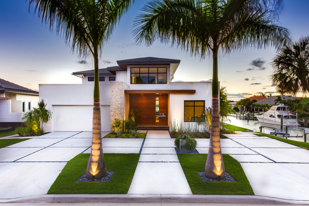Design ideas for a medium sized modern front driveway full sun garden for winter in Tampa with concrete paving.