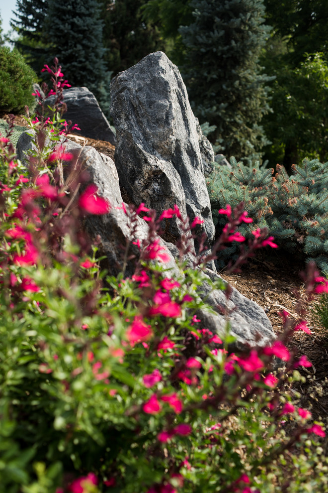 Ejemplo de camino de jardín de secano contemporáneo extra grande en verano en ladera con exposición parcial al sol y adoquines de piedra natural