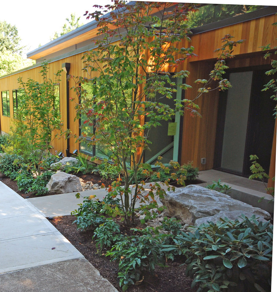 This is an example of a small contemporary shade front yard landscaping in Portland.