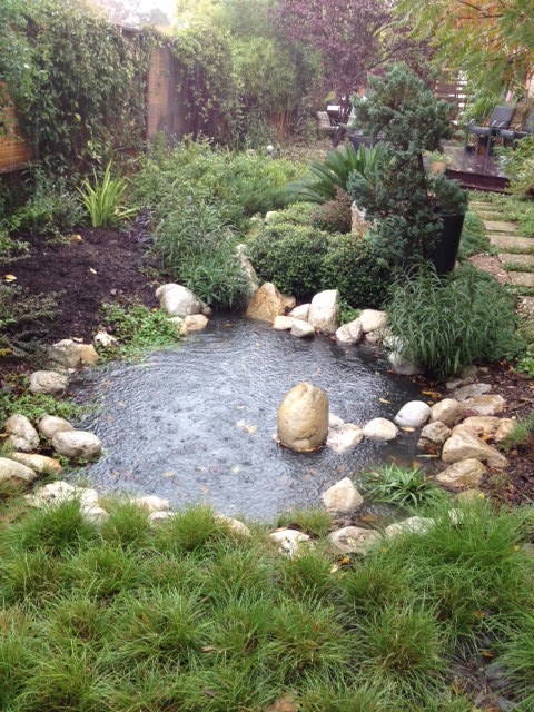 Ejemplo de jardín de estilo zen de tamaño medio en verano en patio lateral con fuente, exposición parcial al sol, jardín francés y adoquines de piedra natural
