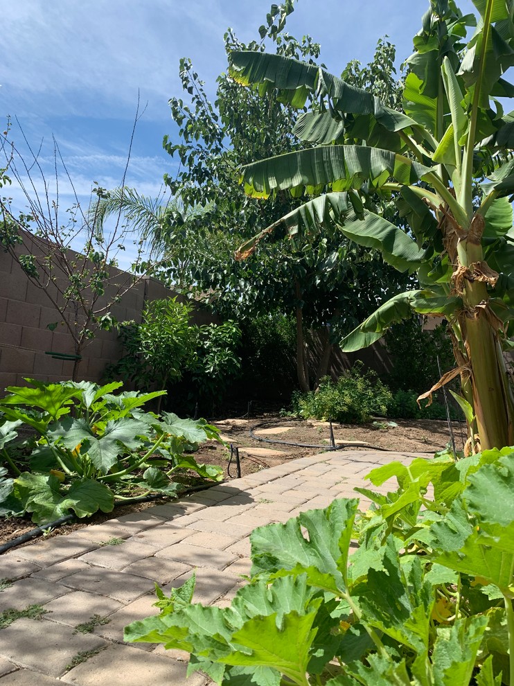 Modelo de jardín bohemio de tamaño medio en patio trasero con jardín francés, huerto y exposición parcial al sol