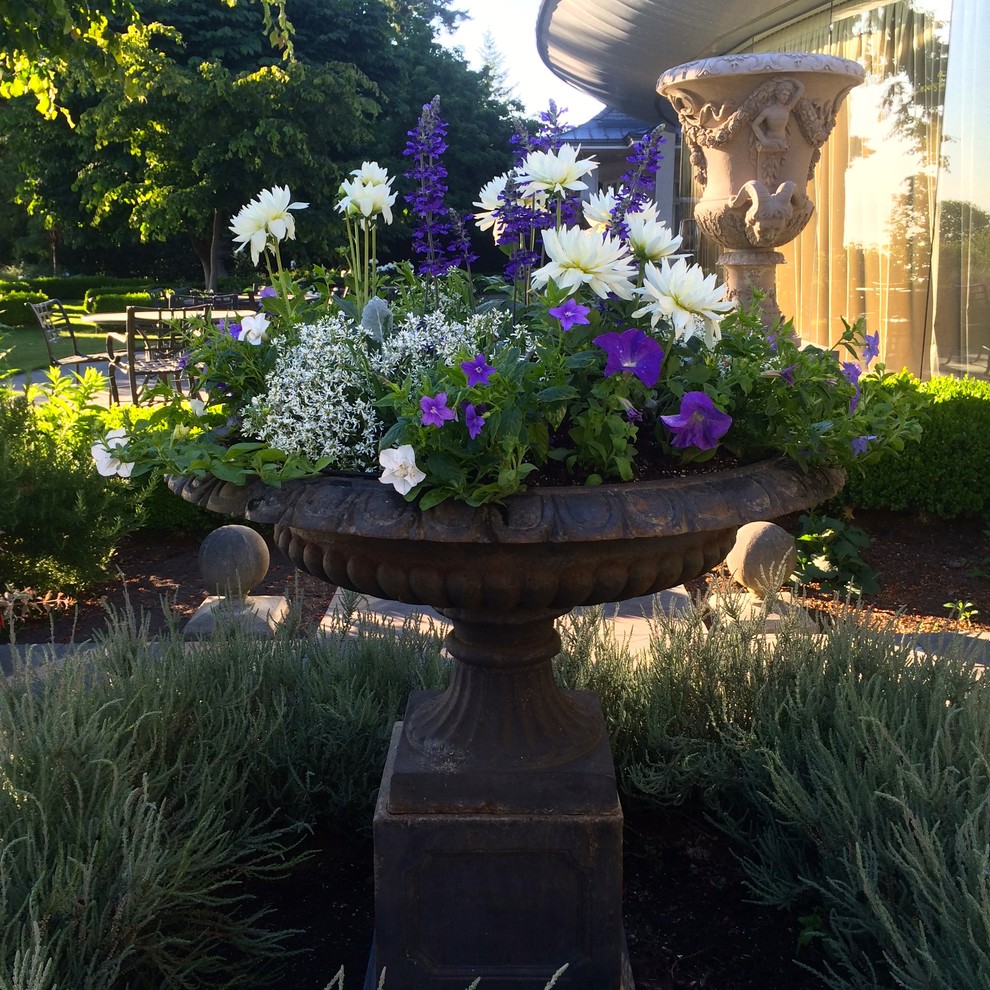 Esempio di un giardino formale vittoriano esposto a mezz'ombra dietro casa in estate con un giardino in vaso