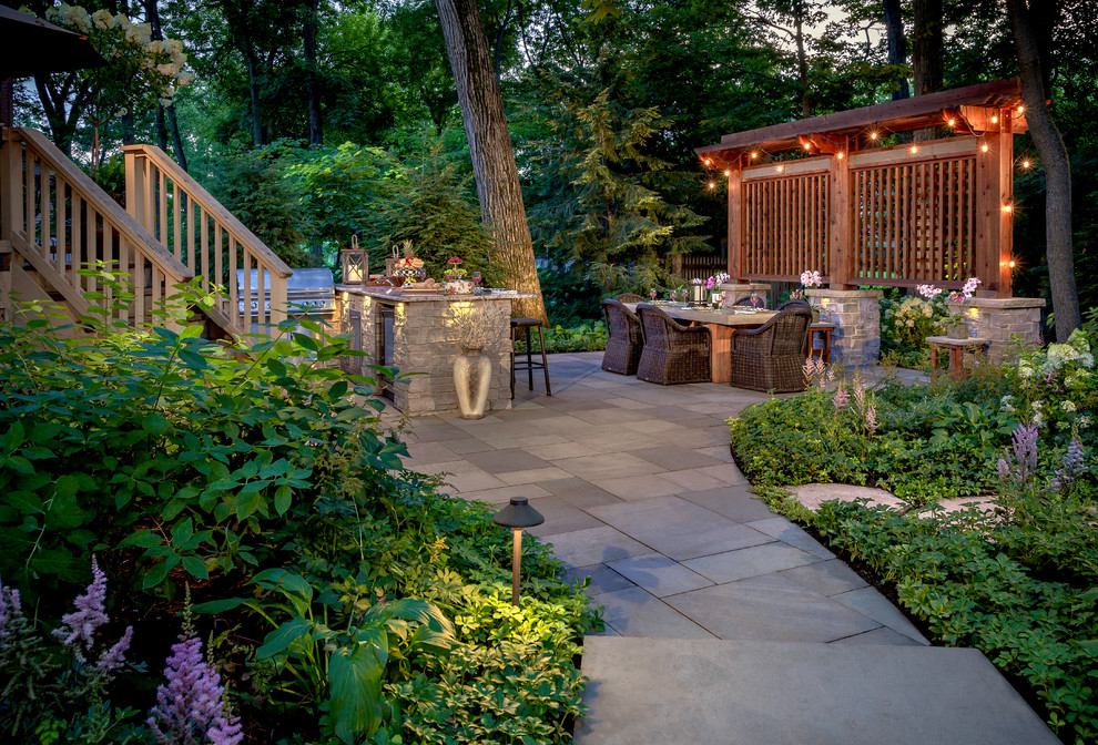 シカゴにあるラグジュアリーな夏のトラディショナルスタイルのおしゃれな裏庭 (庭への小道、日陰、天然石敷き) の写真