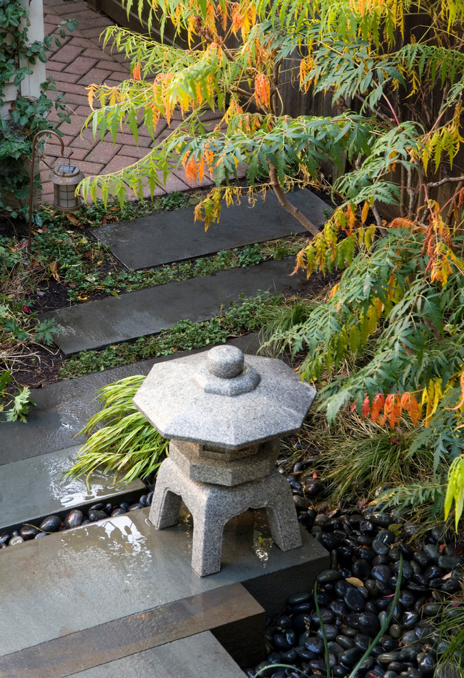 Kleiner Asiatischer Garten hinter dem Haus mit Natursteinplatten in Chicago