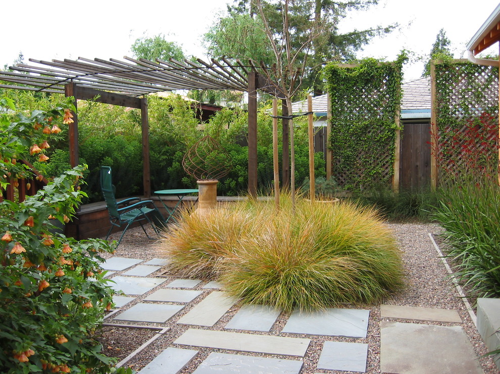 Imagen de jardín mediterráneo de tamaño medio en patio trasero con exposición parcial al sol, gravilla y pérgola