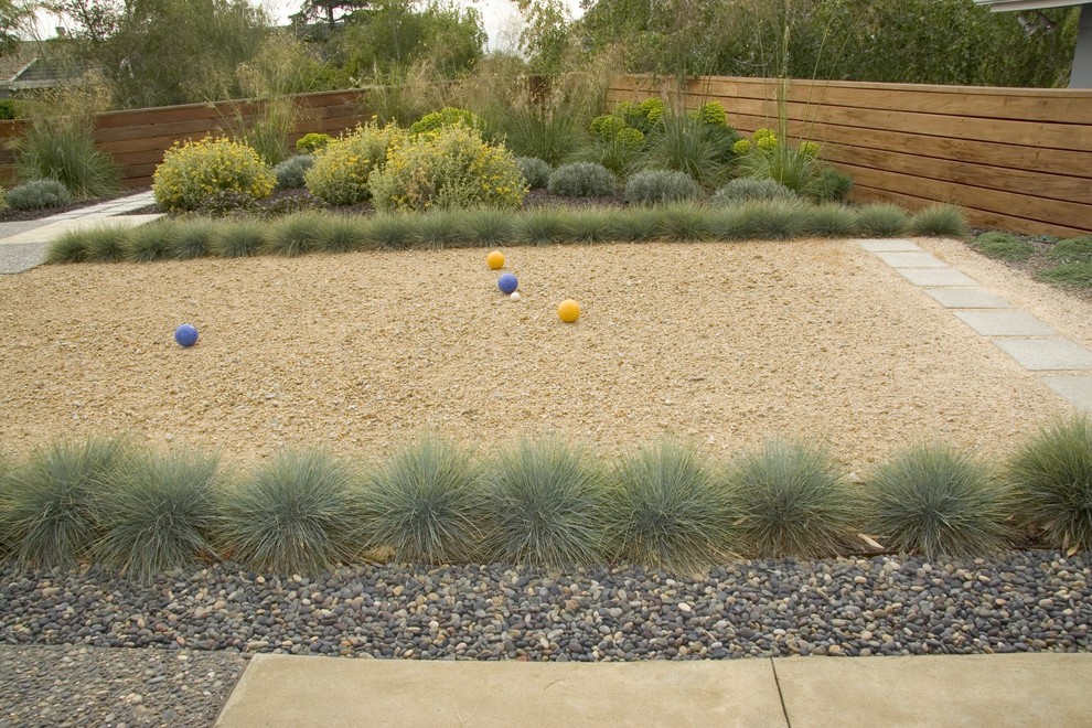 Inspiration for a midcentury back garden in San Luis Obispo with an outdoor sport court.