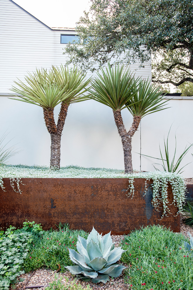 Пример оригинального дизайна: летний засухоустойчивый сад на переднем дворе в современном стиле с растениями в контейнерах
