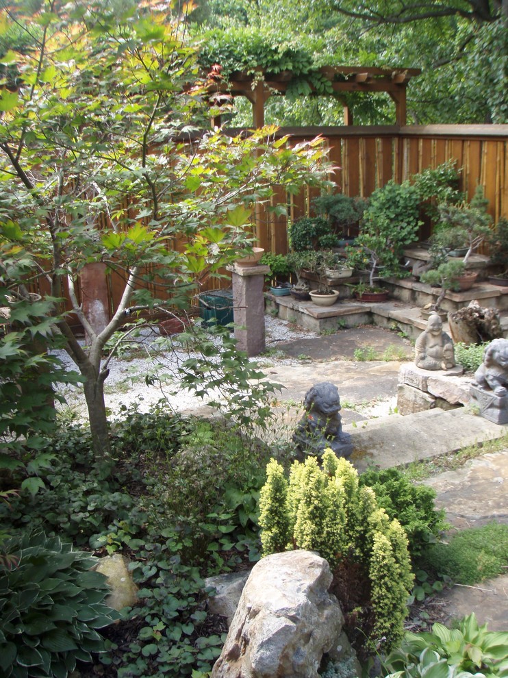 Exempel på en liten asiatisk trädgård i delvis sol längs med huset