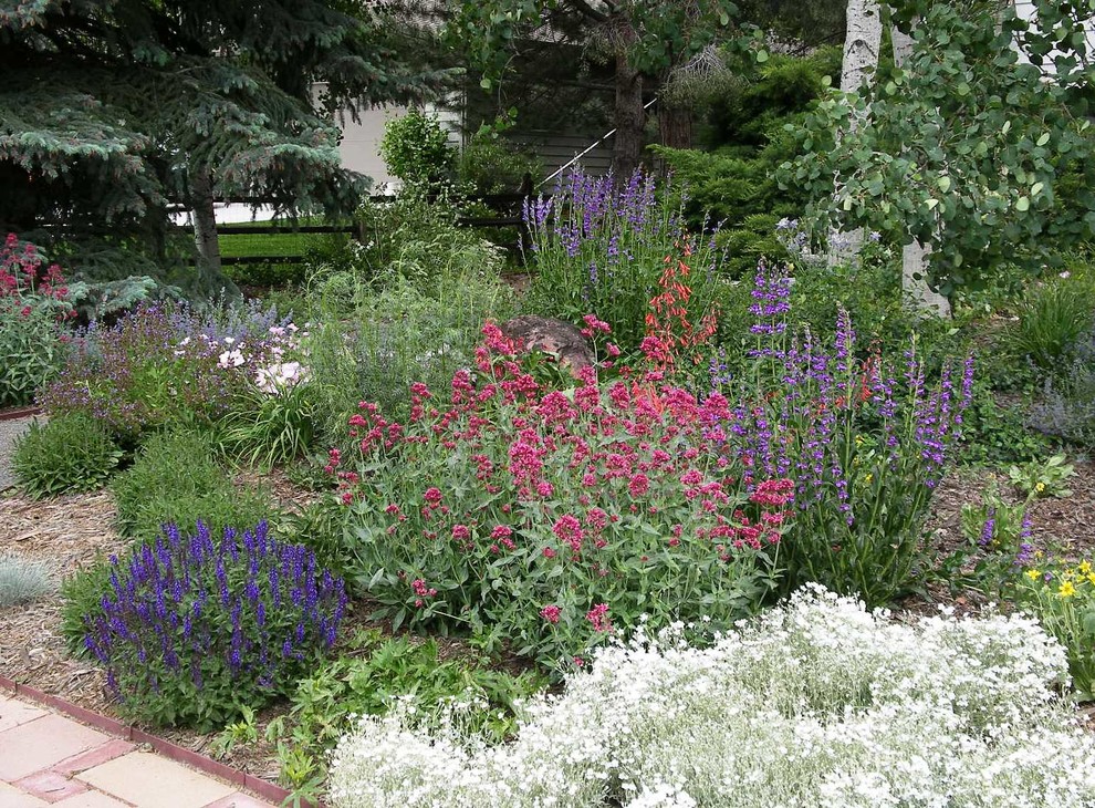 Ispirazione per un giardino stile americano esposto in pieno sole di medie dimensioni e davanti casa in estate con un ingresso o sentiero e pavimentazioni in mattoni