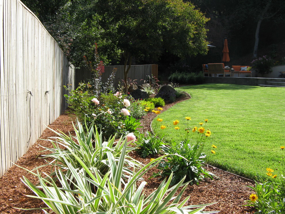Свежая идея для дизайна: участок и сад среднего размера на заднем дворе в современном стиле с полуденной тенью и мульчированием - отличное фото интерьера
