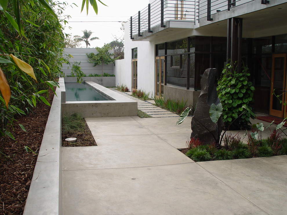 Moderner Garten hinter dem Haus mit Wasserspiel und Betonboden in Los Angeles