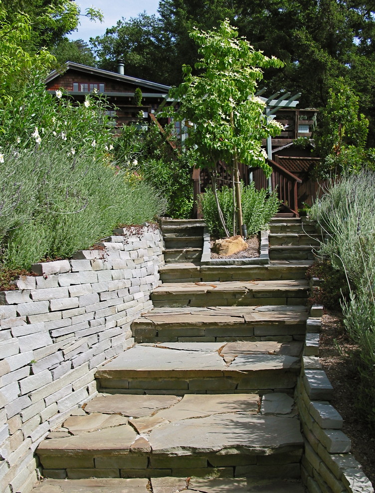 Ispirazione per un giardino stile rurale con scale