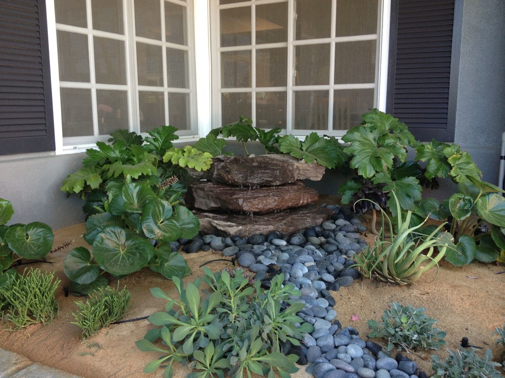 Diseño de jardín tradicional de tamaño medio en patio trasero con fuente, exposición total al sol y gravilla