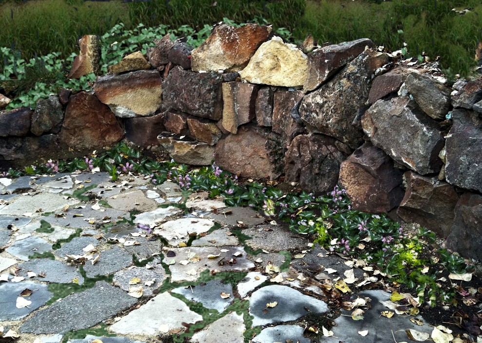 Стильный дизайн: участок и сад на заднем дворе в стиле рустика с подпорной стенкой и покрытием из каменной брусчатки - последний тренд