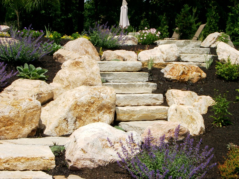 Inspiration for a large traditional drought-tolerant and full sun backyard stone garden path in Philadelphia for summer.