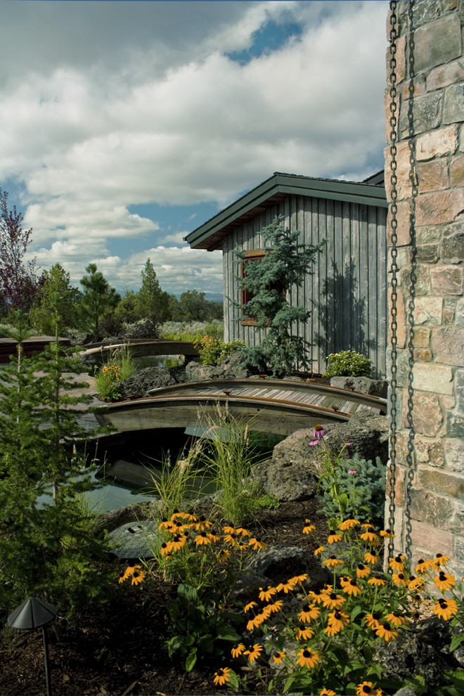 Cette image montre un grand jardin latéral rustique l'été avec un point d'eau et une exposition ensoleillée.