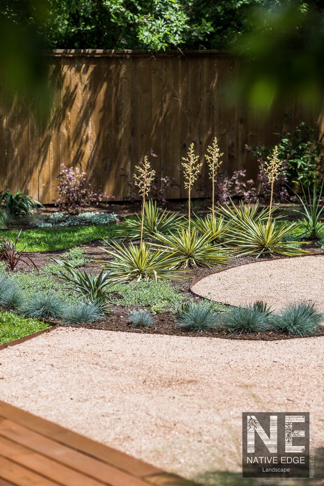 Immagine di un giardino xeriscape minimalista di medie dimensioni e dietro casa con ghiaia