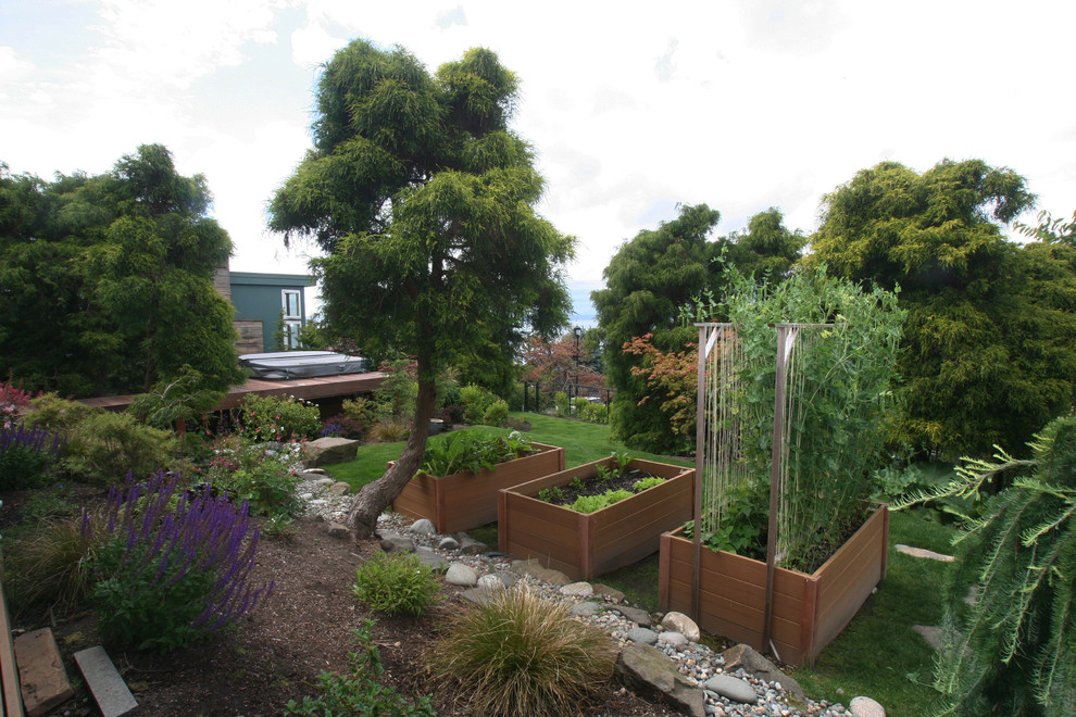 Bild på en stor eklektisk trädgård, med en köksträdgård och trädäck
