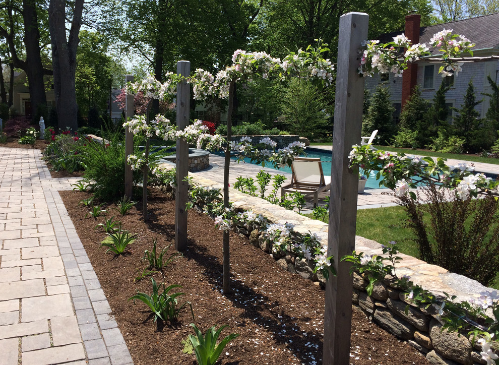 Стильный дизайн: солнечный, весенний регулярный сад среднего размера на боковом дворе в стиле неоклассика (современная классика) с садовой дорожкой или калиткой, хорошей освещенностью и мощением тротуарной плиткой - последний тренд